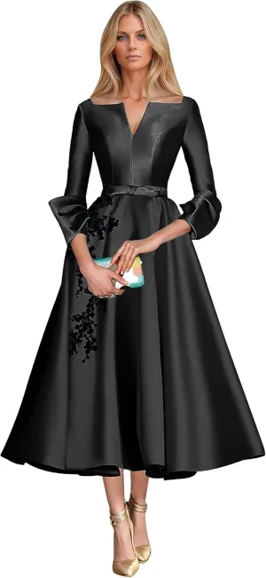 Lace Appliques A-Line Mother of The Bridesmaid Dresses 3/4 Sleeves Slit V-Neck Prom Wedding Party Gowns with Pockets DR0722