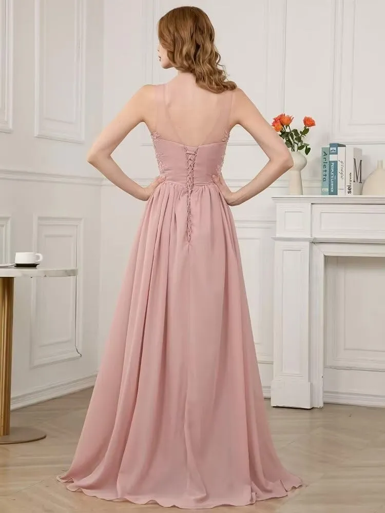 Lace Appliques Bridesmaid Dresses for Women Long Chiffon V Neck Prom Dress A-line Formal Evening Party Gowns