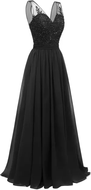 Lace Appliques Bridesmaid Dresses for Women Long Chiffon V Neck Prom Dress A-line Formal Evening Party Gowns