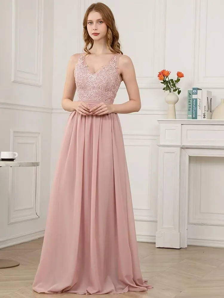 Lace Appliques Bridesmaid Dresses for Women Long Chiffon V Neck Prom Dress A-line Formal Evening Party Gowns