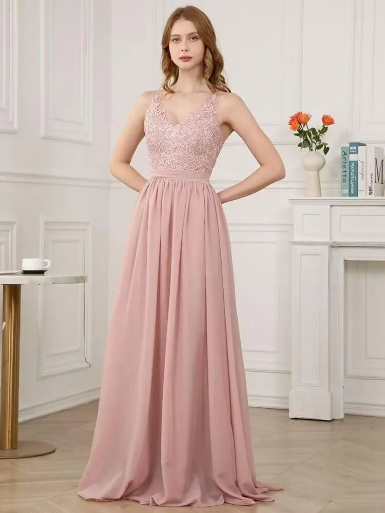 Lace Appliques Bridesmaid Dresses for Women Long Chiffon V Neck Prom Dress A-line Formal Evening Party Gowns