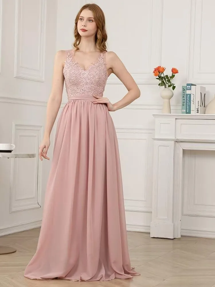 Lace Appliques Bridesmaid Dresses for Women Long Chiffon V Neck Prom Dress A-line Formal Evening Party Gowns
