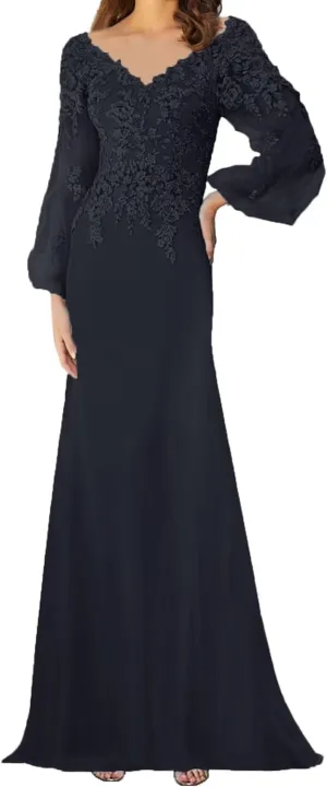 Lace Appliques Mother of The Bride Dress with Sleeves Chiffon Formal Evening Dresses for WomenWedding Reception Gowns