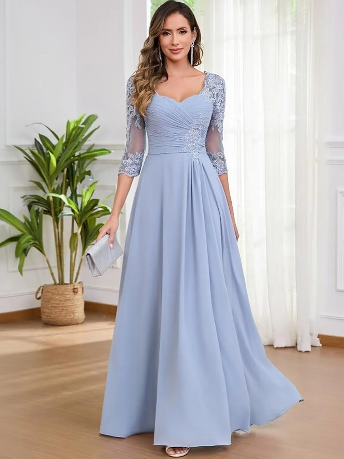 Lace Chiffon Mother of The Bride Dresses for Women Long A Line Pleated Formal Evening Dress with Sleeves