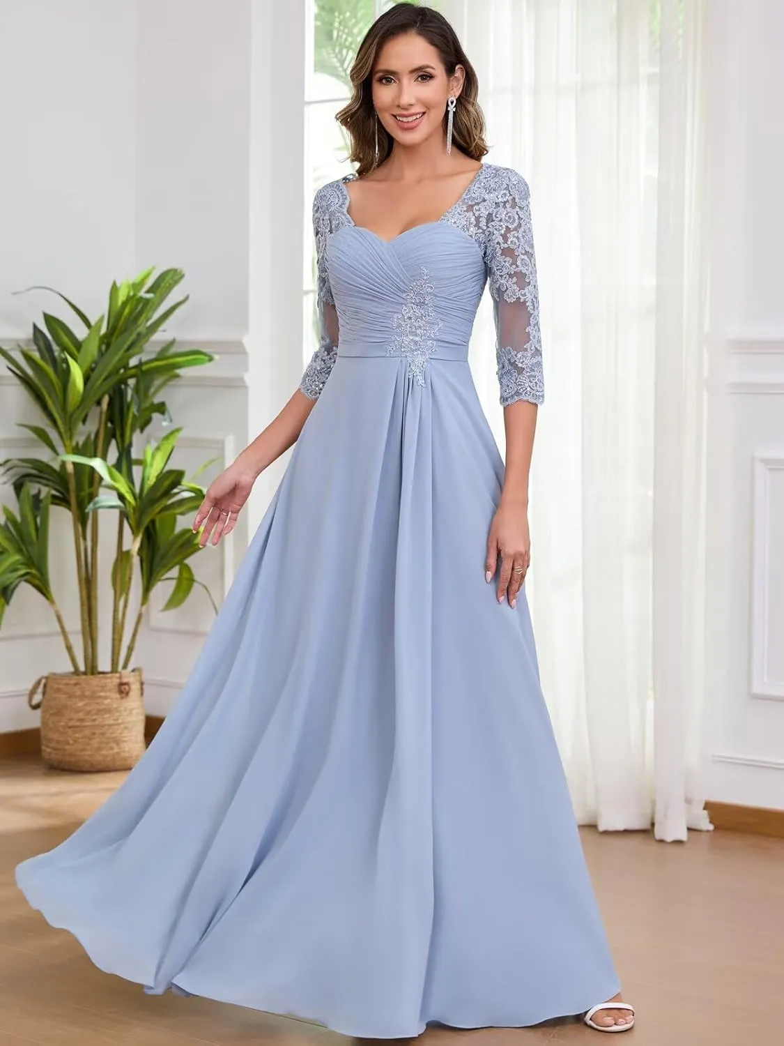 Lace Chiffon Mother of The Bride Dresses for Women Long A Line Pleated Formal Evening Dress with Sleeves