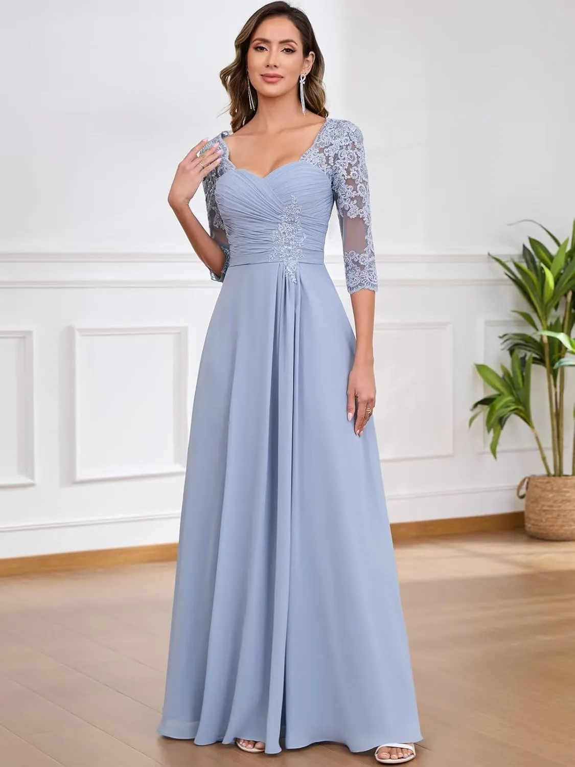 Lace Chiffon Mother of The Bride Dresses for Women Long A Line Pleated Formal Evening Dress with Sleeves