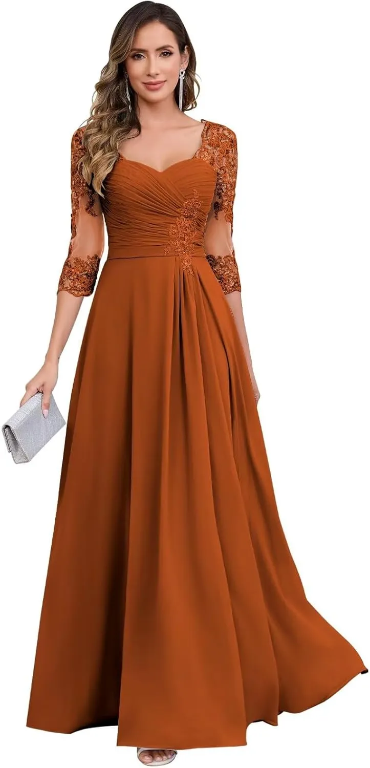 Lace Chiffon Mother of The Bride Dresses for Women Long A Line Pleated Formal Evening Dress with Sleeves