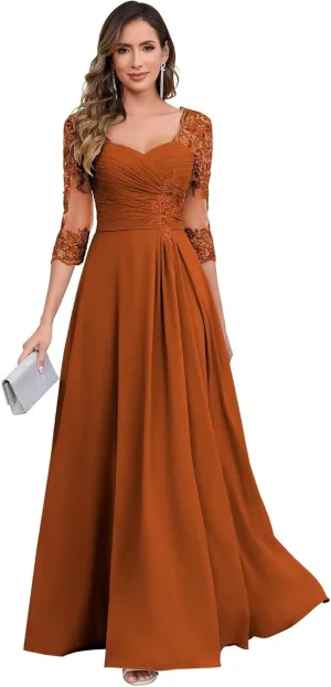 Lace Chiffon Mother of The Bride Dresses for Women Long A Line Pleated Formal Evening Dress with Sleeves