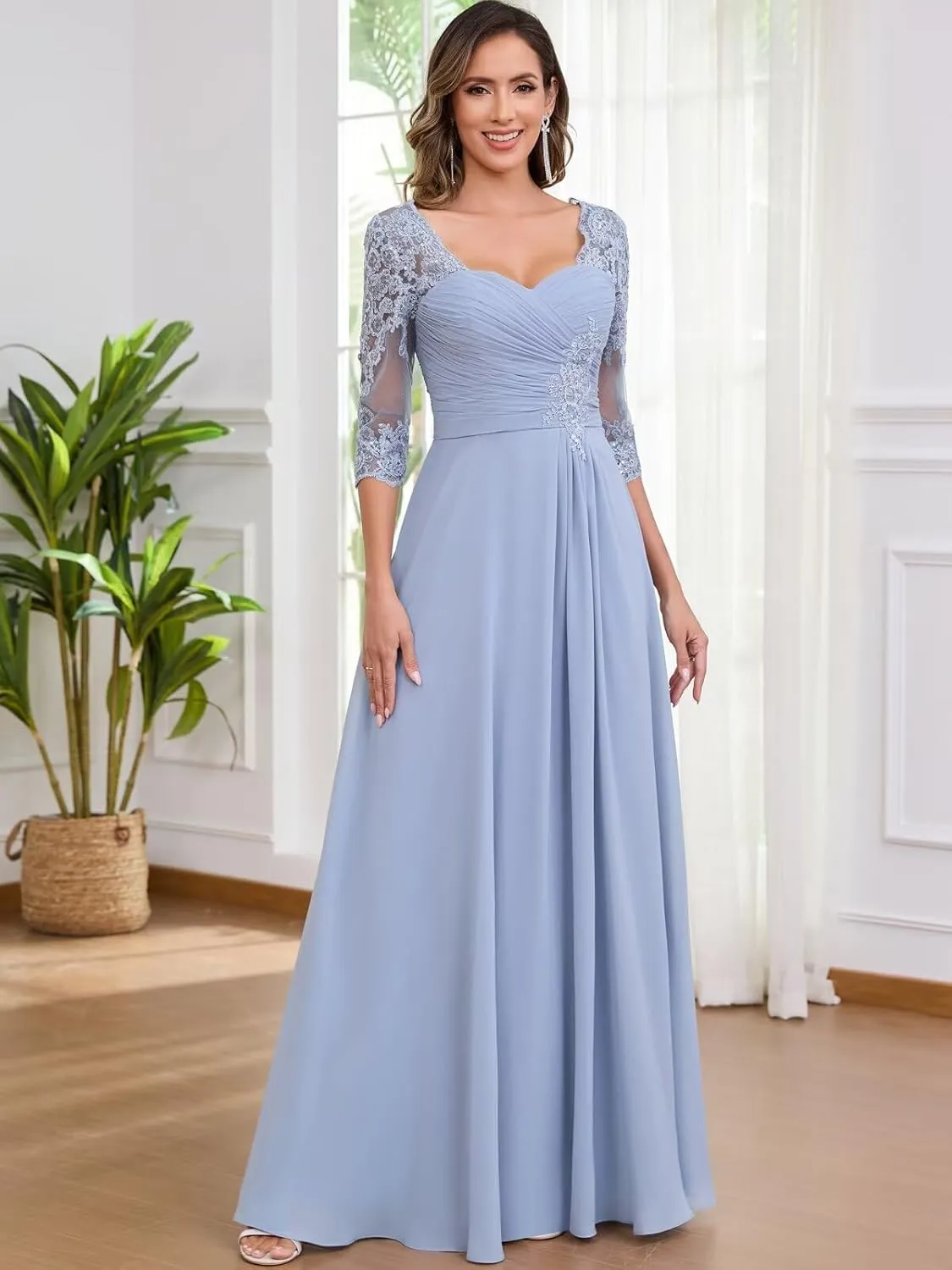 Lace Chiffon Mother of The Bride Dresses for Women Long A Line Pleated Formal Evening Dress with Sleeves