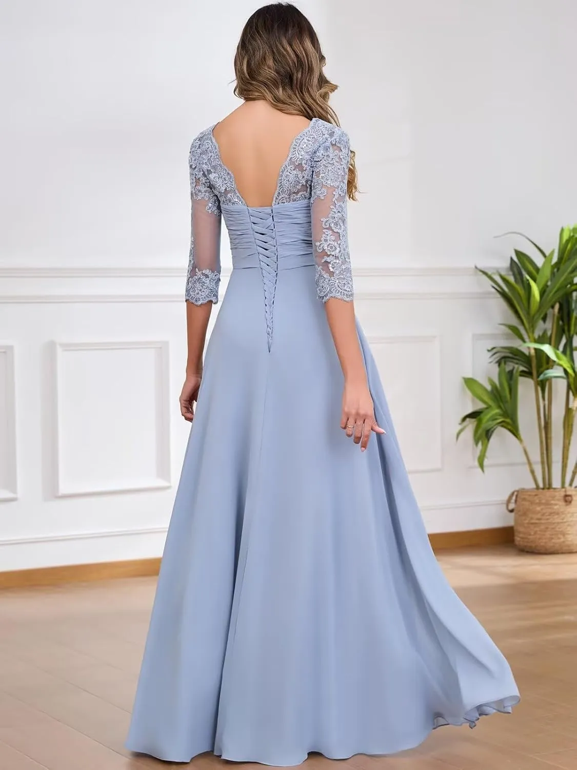 Lace Chiffon Mother of The Bride Dresses for Women Long A Line Pleated Formal Evening Dress with Sleeves