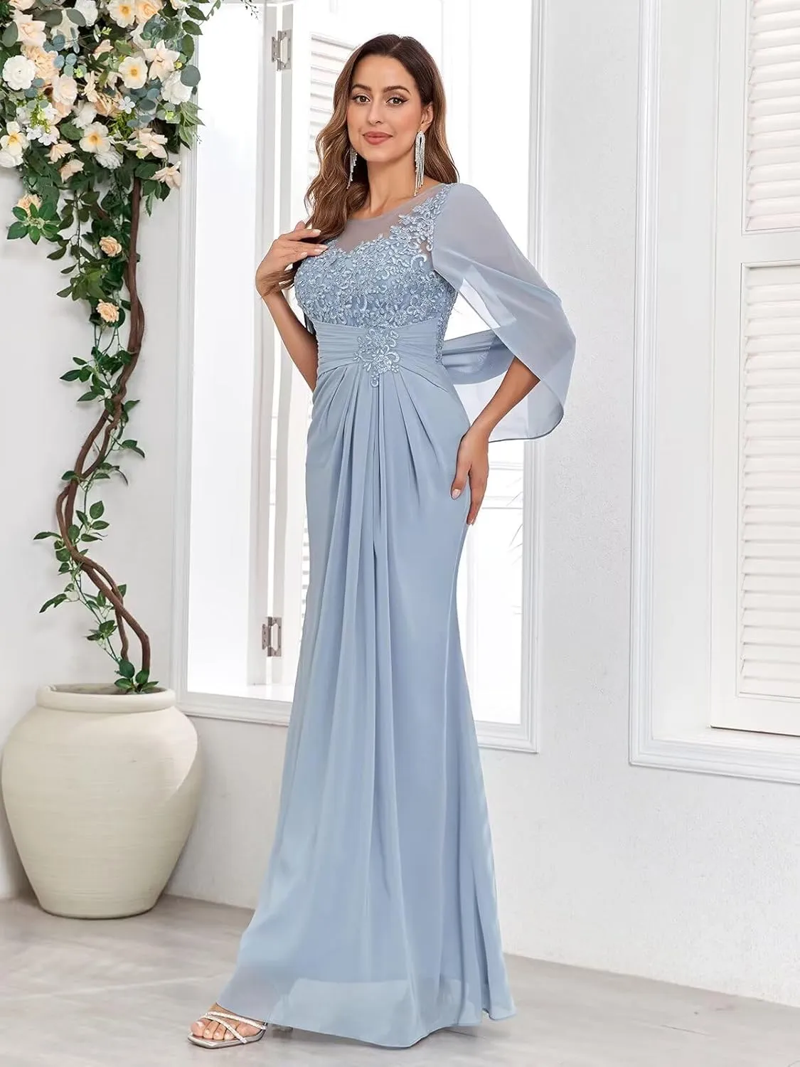 Lace Chiffon Mother of The Bride Dresses for Women Long Mermaid Cape Sleeve Formal Evening Gown