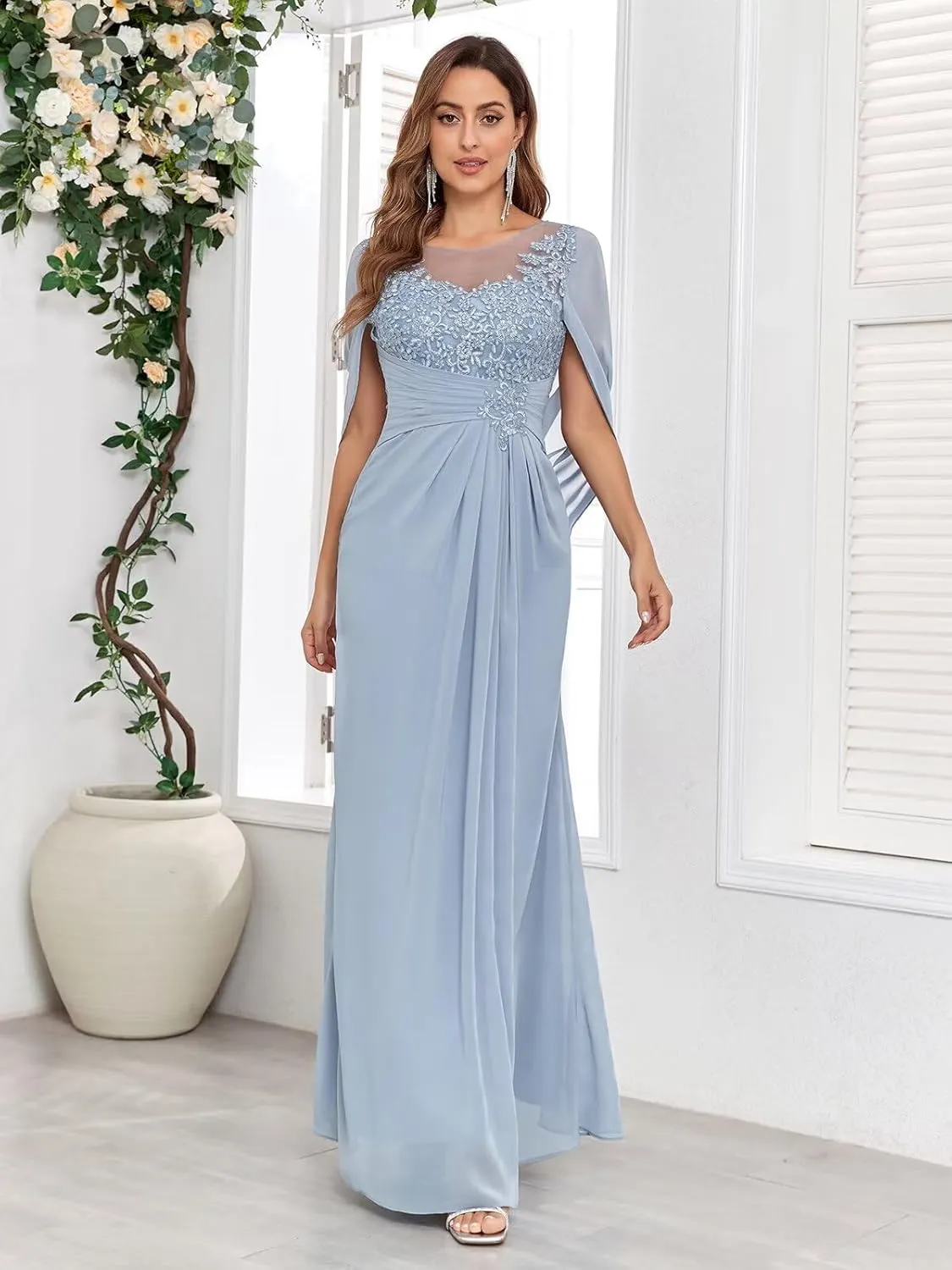 Lace Chiffon Mother of The Bride Dresses for Women Long Mermaid Cape Sleeve Formal Evening Gown