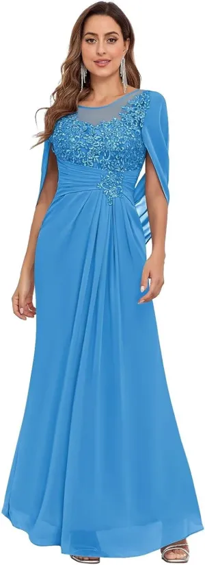 Lace Chiffon Mother of The Bride Dresses for Women Long Mermaid Cape Sleeve Formal Evening Gown