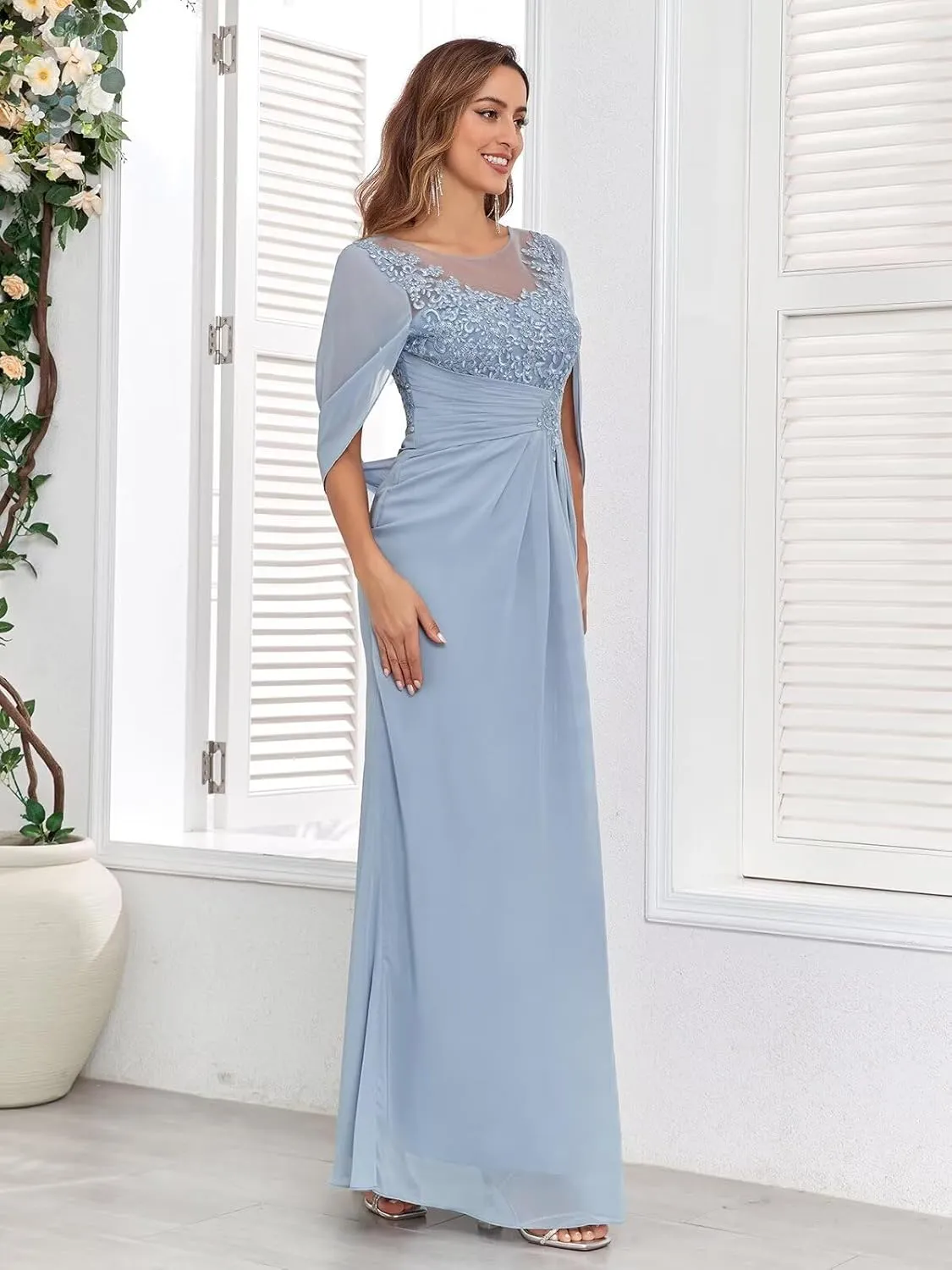 Lace Chiffon Mother of The Bride Dresses for Women Long Mermaid Cape Sleeve Formal Evening Gown