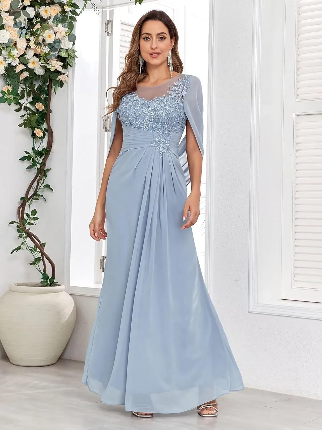 Lace Chiffon Mother of The Bride Dresses for Women Long Mermaid Cape Sleeve Formal Evening Gown
