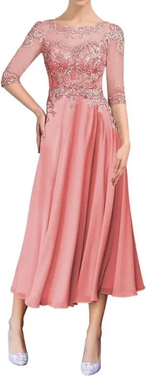 Lace Mother of The Bride Dresses Half Sleeve Chiffon Ruffle Wedding Guest Dresses for Women Scoop