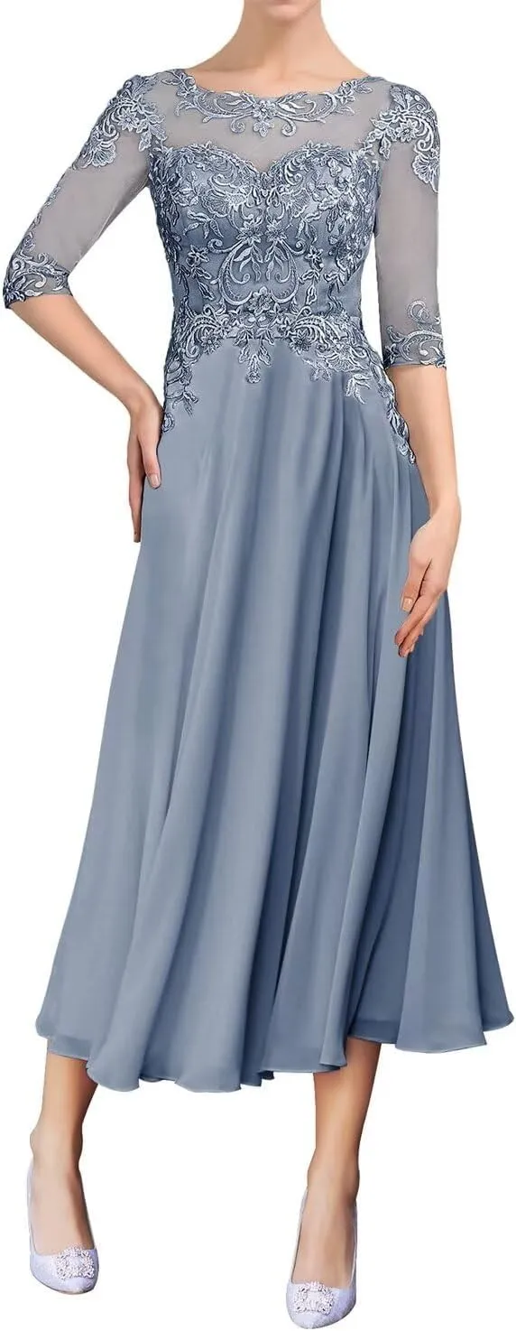 Lace Mother of The Bride Dresses Half Sleeve Chiffon Ruffle Wedding Guest Dresses for Women Scoop