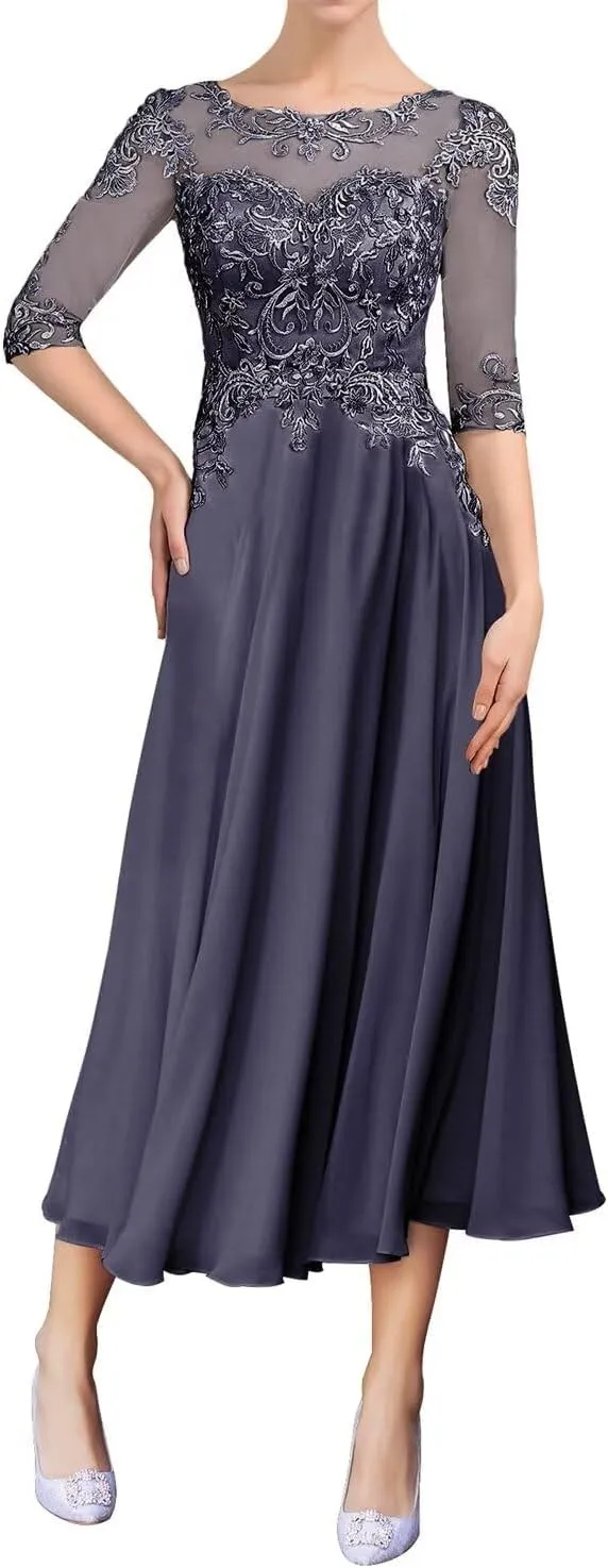 Lace Mother of The Bride Dresses Half Sleeve Chiffon Ruffle Wedding Guest Dresses for Women Scoop