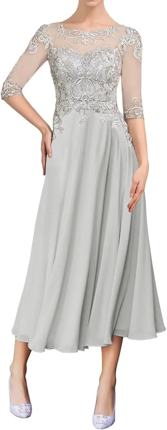 Lace Mother of The Bride Dresses Half Sleeve Chiffon Ruffle Wedding Guest Dresses for Women Scoop