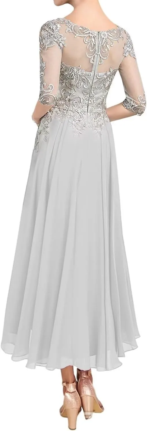 Lace Mother of The Bride Dresses Half Sleeve Chiffon Ruffle Wedding Guest Dresses for Women Scoop