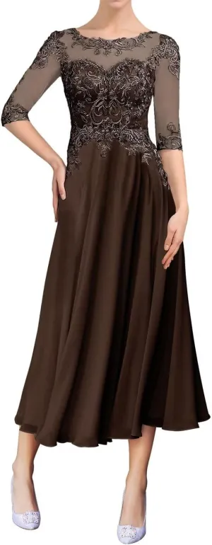 Lace Mother of The Bride Dresses Half Sleeve Chiffon Ruffle Wedding Guest Dresses for Women Scoop