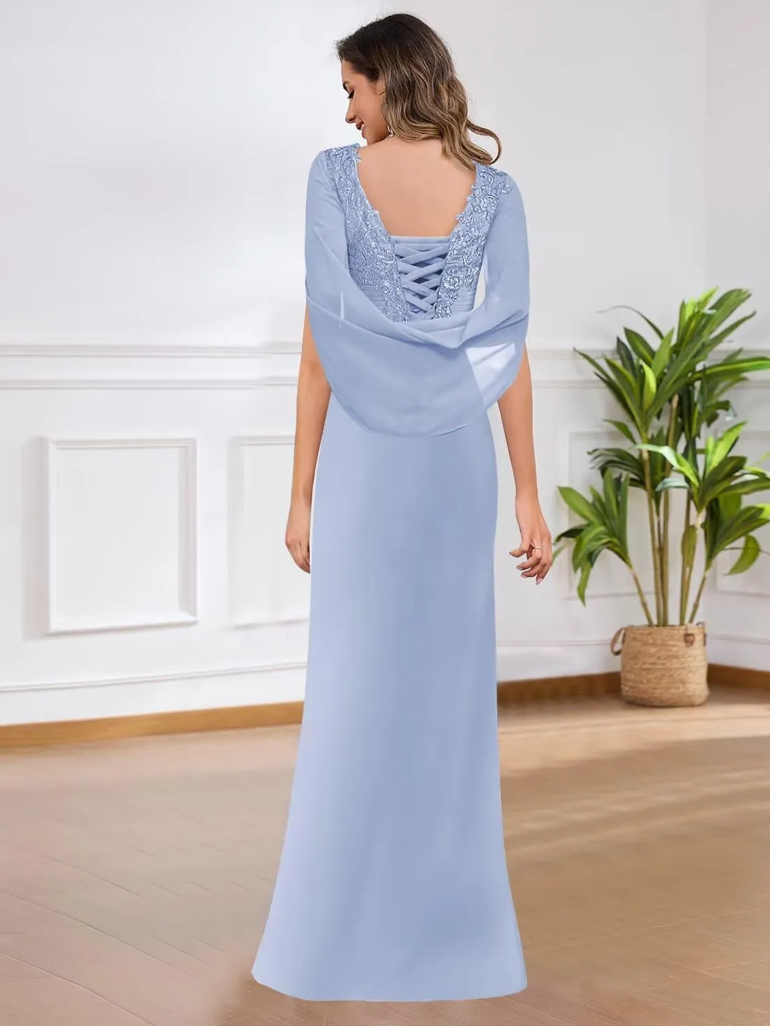 Lace Mother of The Bride Dresses with Cape Sleeves Chiffon Pleated Long Formal Evening Gown