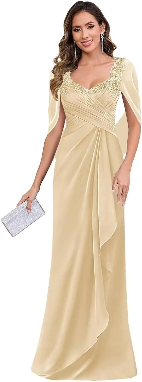 Lace Mother of The Bride Dresses with Cape Sleeves Chiffon Pleated Long Formal Evening Gown