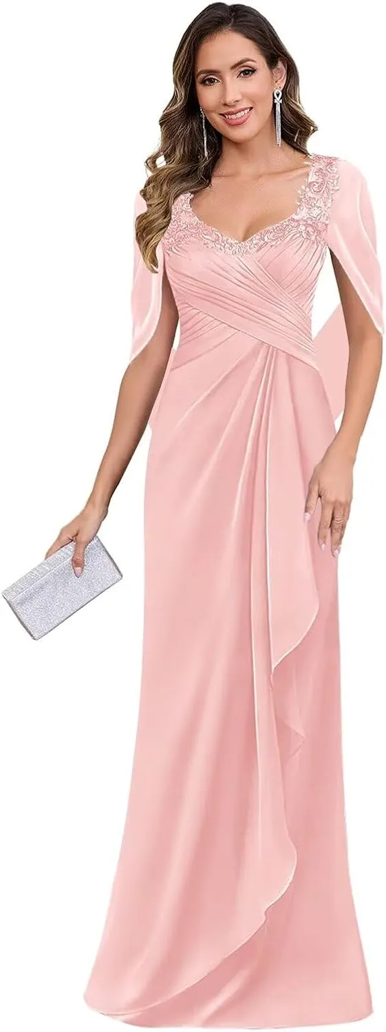 Lace Mother of The Bride Dresses with Cape Sleeves Chiffon Pleated Long Formal Evening Gown