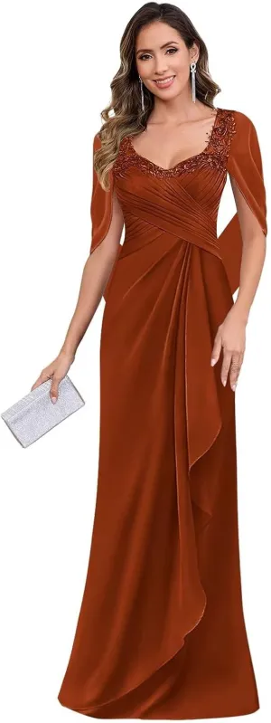 Lace Mother of The Bride Dresses with Cape Sleeves Chiffon Pleated Long Formal Evening Gown