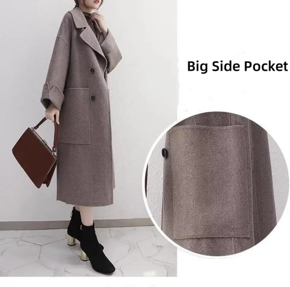 Ladies Elegant Cashmere Coat Long Winter Open Front Cardigan Lapel Collar Cotton Trench Overcoat For Women Fall Winter