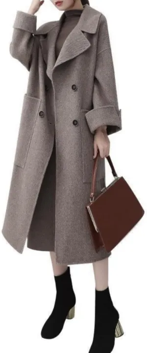 Ladies Elegant Cashmere Coat Long Winter Open Front Cardigan Lapel Collar Cotton Trench Overcoat For Women Fall Winter