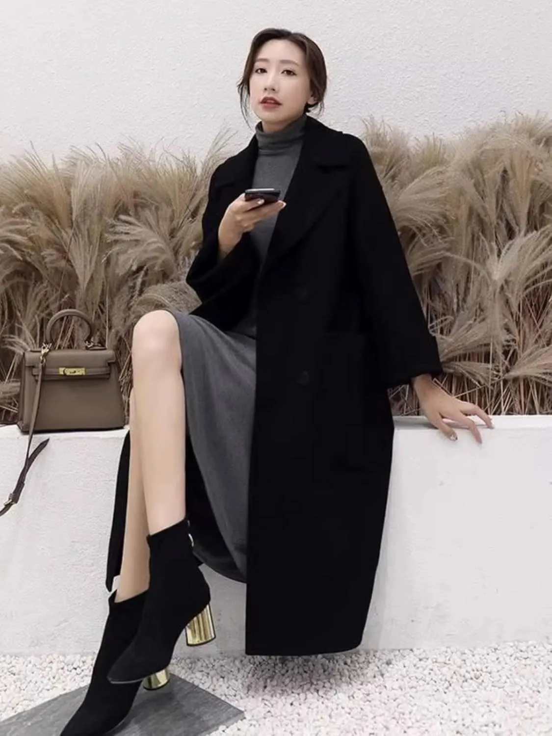 Ladies Elegant Cashmere Coat Long Winter Open Front Cardigan Lapel Collar Cotton Trench Overcoat For Women Fall Winter