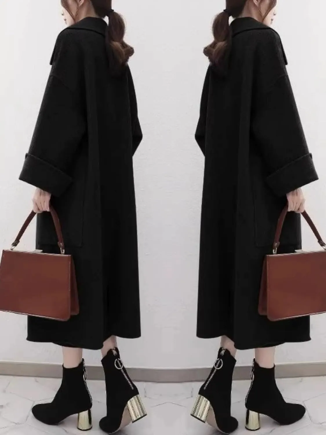 Ladies Elegant Cashmere Coat Long Winter Open Front Cardigan Lapel Collar Cotton Trench Overcoat For Women Fall Winter