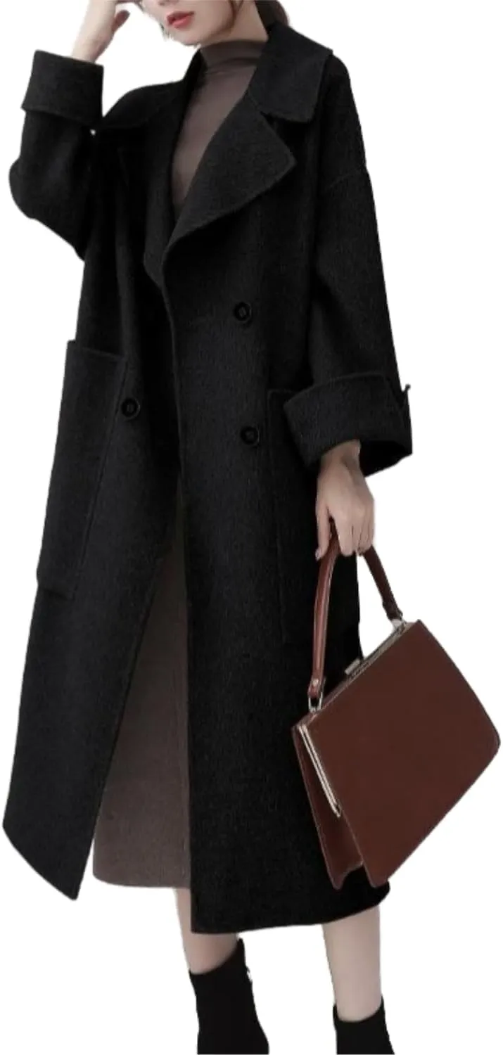 Ladies Elegant Cashmere Coat Long Winter Open Front Cardigan Lapel Collar Cotton Trench Overcoat For Women Fall Winter