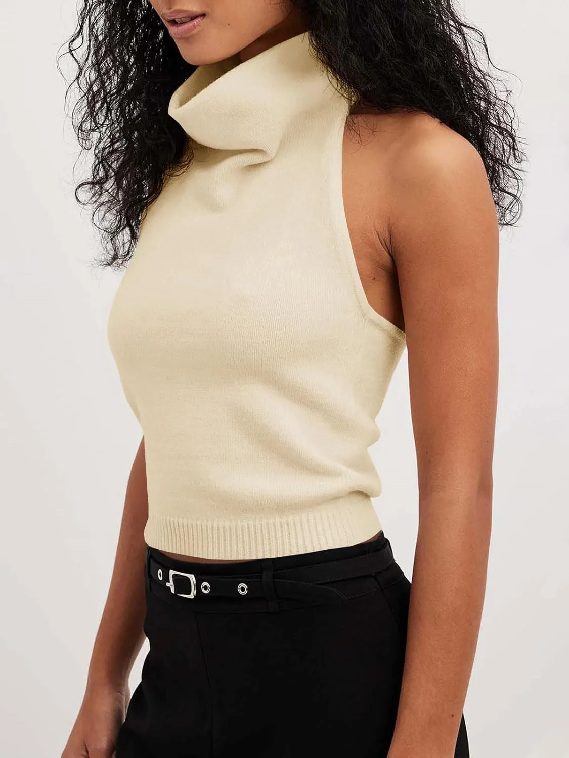 Langwyqu Womens Turtleneck Sweater Vests Sleeveless Knit Halter Tank Tops Sexy Loose Cami Shirts