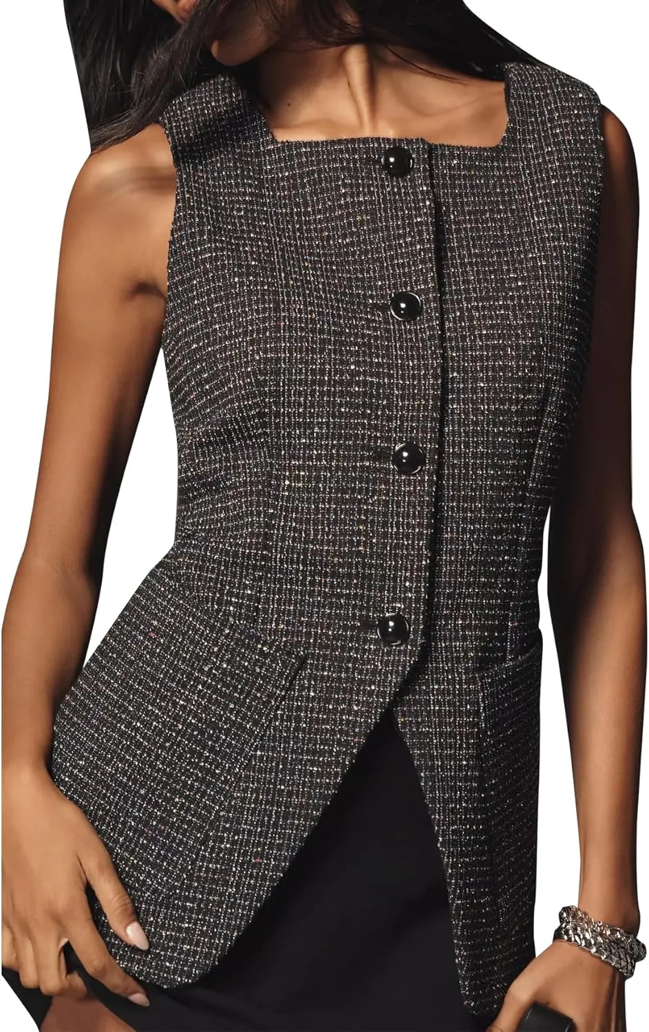 LifeShe Women's Square Neck Tweed Vests Slim Fit Tank Tops Dressy Business Waistcoat Blazer Jackets