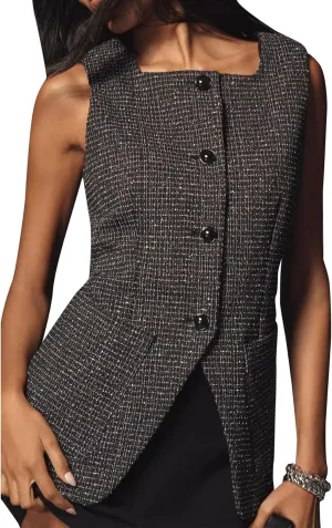 LifeShe Women's Square Neck Tweed Vests Slim Fit Tank Tops Dressy Business Waistcoat Blazer Jackets