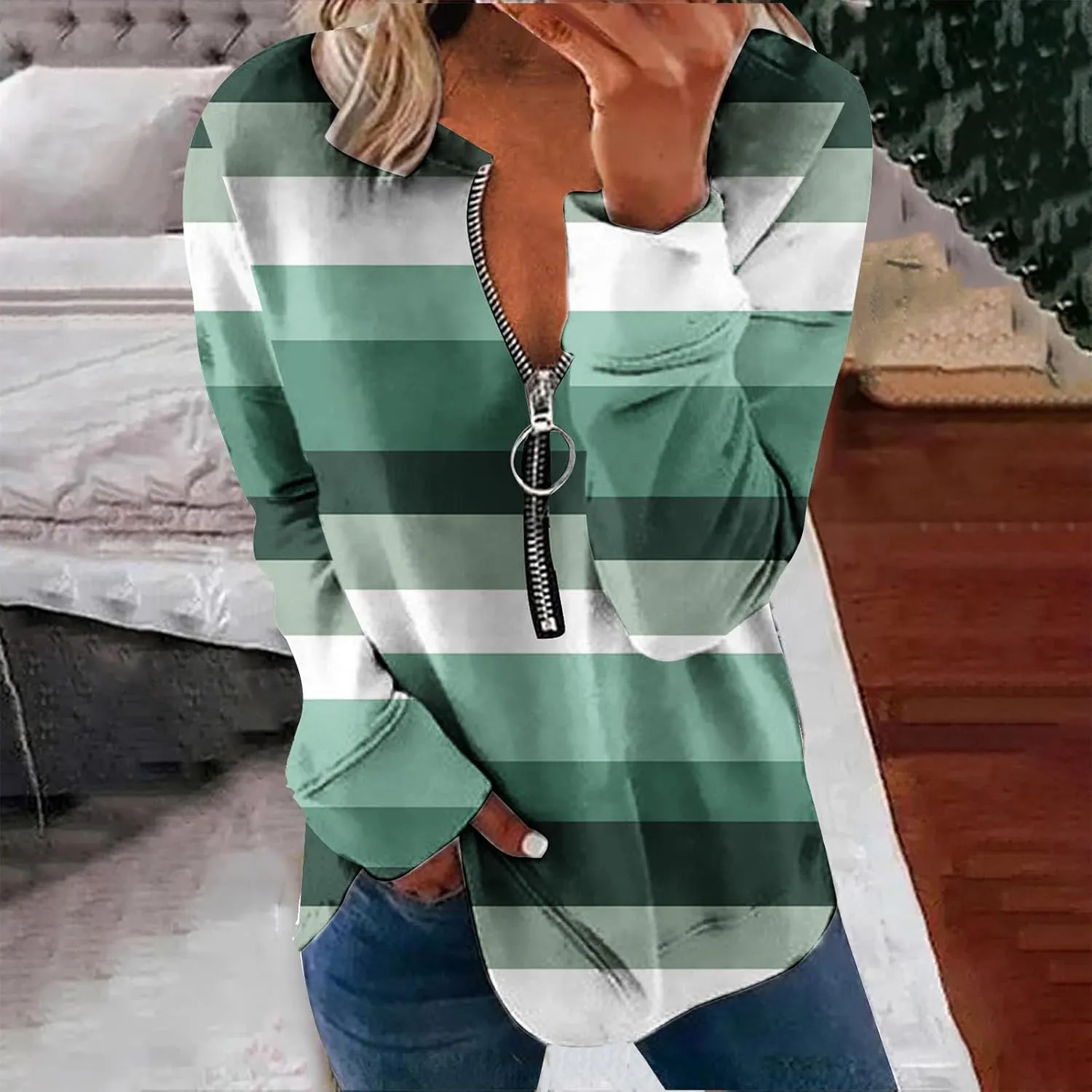 Lightweight Zip Up Hoodie For Women Trendy 2023 Fall Striped Print Tunic Tops Quarter Zip Casual Pullover Sweatshirt