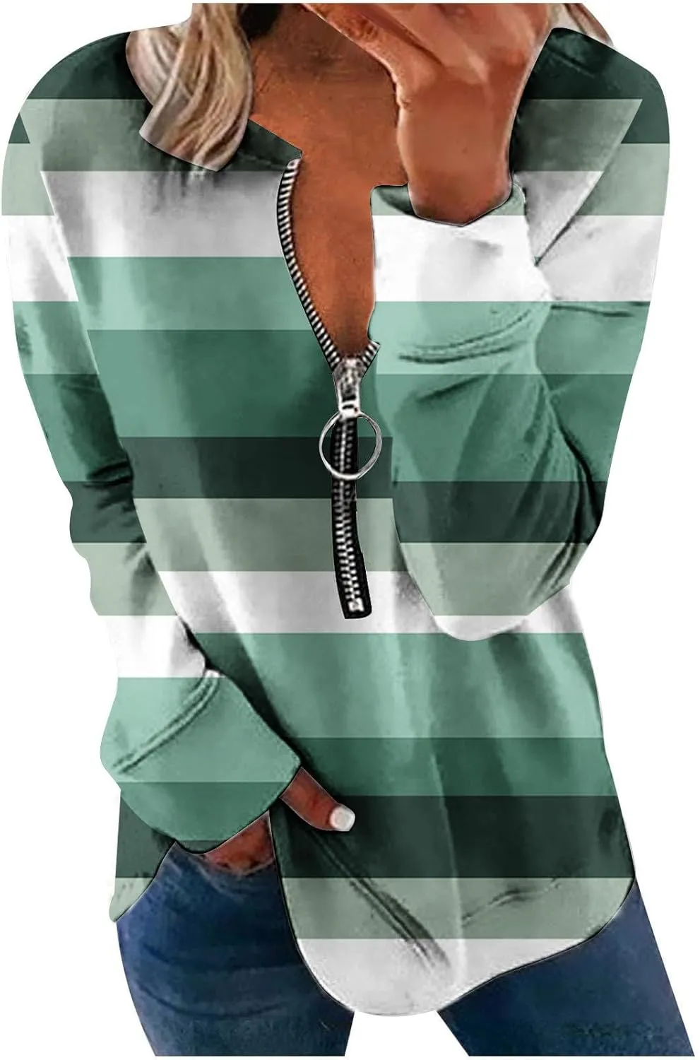 Lightweight Zip Up Hoodie For Women Trendy 2023 Fall Striped Print Tunic Tops Quarter Zip Casual Pullover Sweatshirt