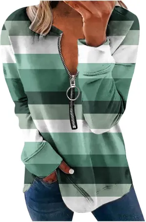 Lightweight Zip Up Hoodie For Women Trendy 2023 Fall Striped Print Tunic Tops Quarter Zip Casual Pullover Sweatshirt