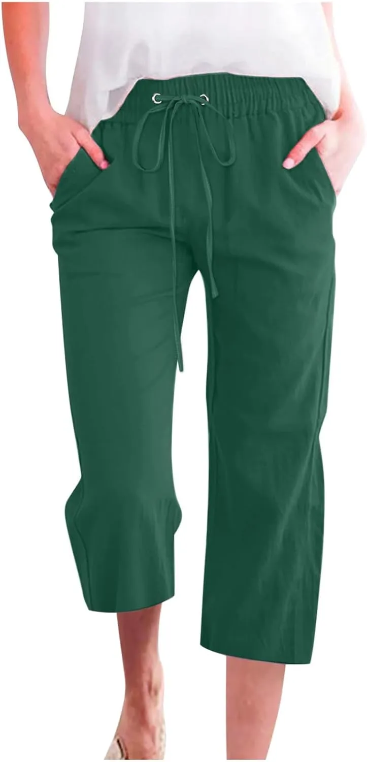 Linen Capri Pants for Women 2025 Summer Casual Drawstring Elastic Trouser Plus Size Lounge Cozy Cropped Capris Pocket