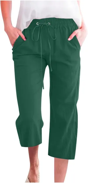 Linen Capri Pants for Women 2025 Summer Casual Drawstring Elastic Trouser Plus Size Lounge Cozy Cropped Capris Pocket