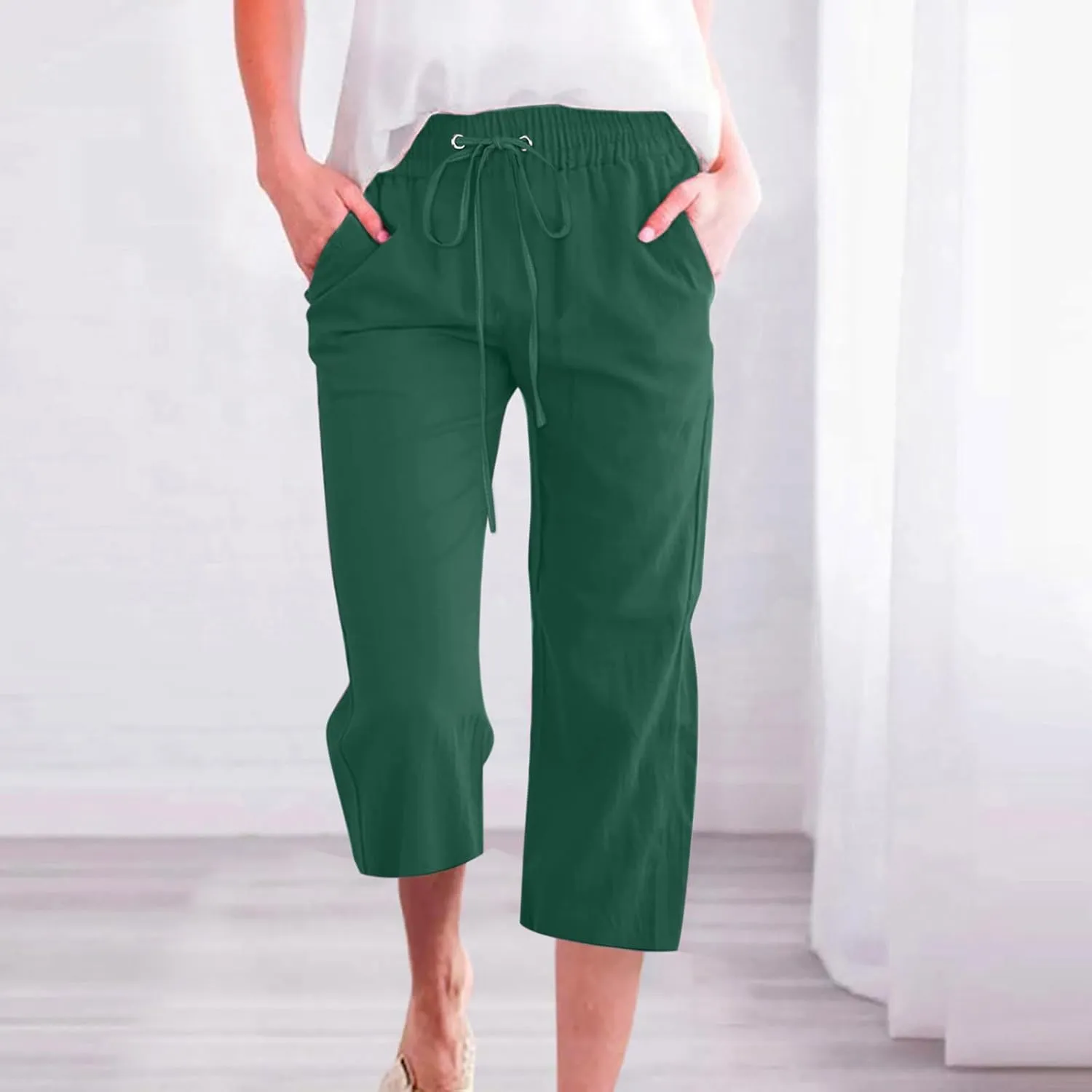 Linen Capri Pants for Women 2025 Summer Casual Drawstring Elastic Trouser Plus Size Lounge Cozy Cropped Capris Pocket