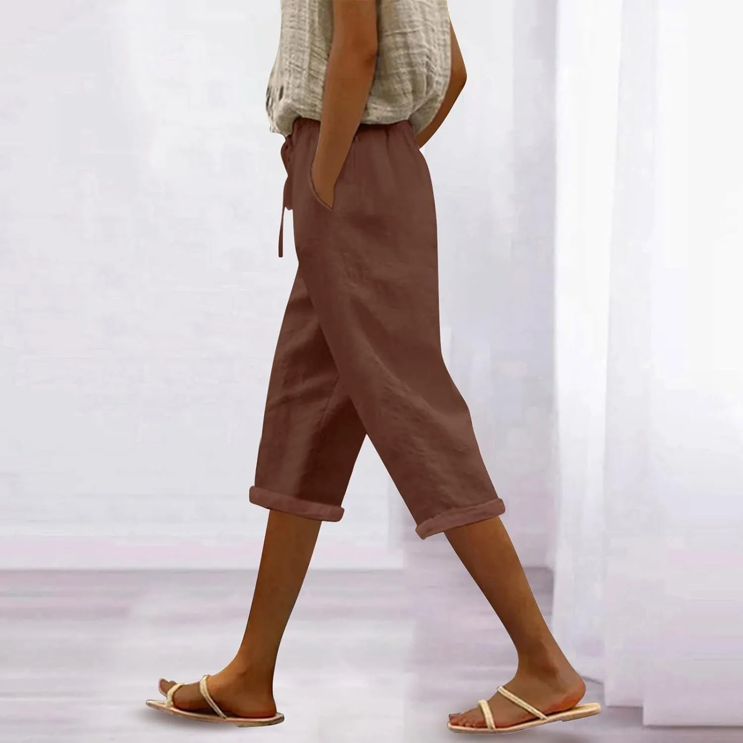 Linen Capri Pants for Women High Waisted Drawstring Trousers Comfy Soft Pant Summer Casual Beach Wear