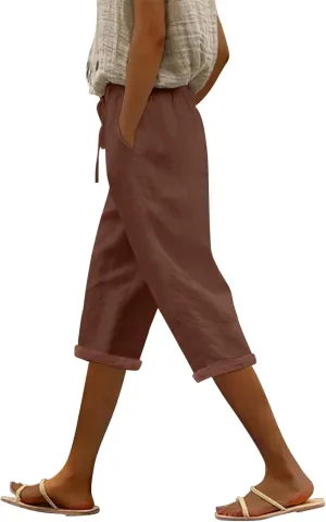 Linen Capri Pants for Women High Waisted Drawstring Trousers Comfy Soft Pant Summer Casual Beach Wear