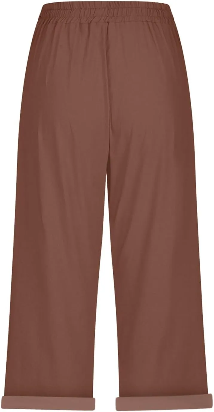 Linen Capri Pants for Women High Waisted Drawstring Trousers Comfy Soft Pant Summer Casual Beach Wear