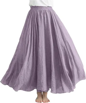 Linen Maxi Skirts for Women Flowy Swing A-Line Skirt Ankle Length Elastic High Waist Summer Beach Vacation Clothes