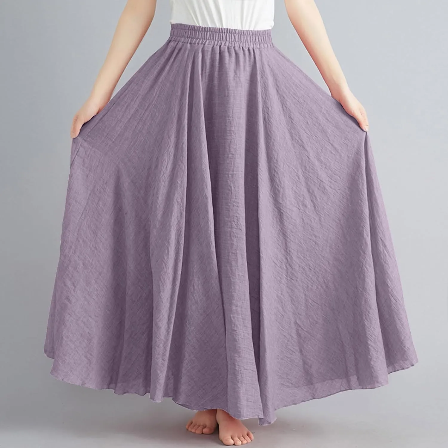 Linen Maxi Skirts for Women Flowy Swing A-Line Skirt Ankle Length Elastic High Waist Summer Beach Vacation Clothes