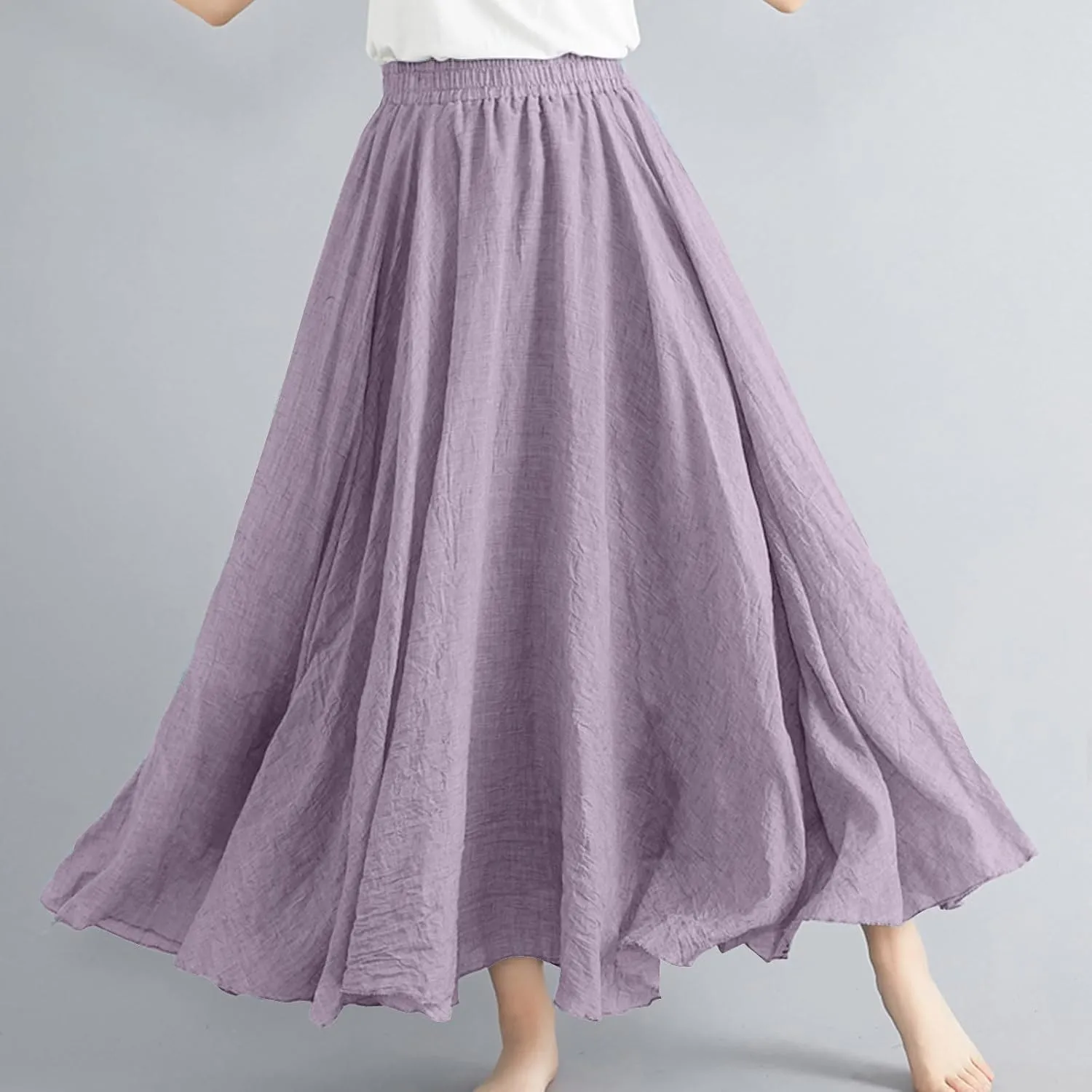 Linen Maxi Skirts for Women Flowy Swing A-Line Skirt Ankle Length Elastic High Waist Summer Beach Vacation Clothes