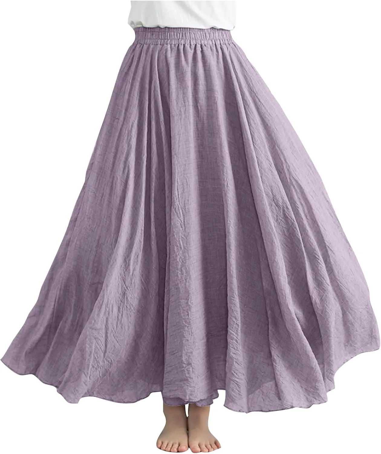 Linen Maxi Skirts for Women Flowy Swing A-Line Skirt Ankle Length Elastic High Waist Summer Beach Vacation Clothes